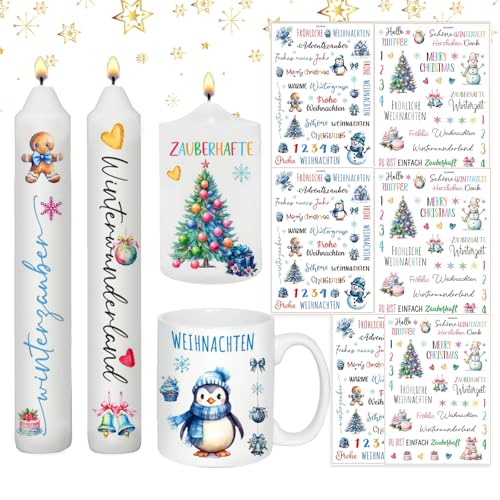 ROEOWENE 6 PCS Kerzentattoos Weihnachten,Wasserschiebefolie Kerzen Tattoos,Rub on Sticker Weihnachten Kerzenfolie DIY Kerzensticker für Keramik, Kerzenaufkleber für Kerzen Dekorieren Kerzentatoos,Blau von ROEOWENE