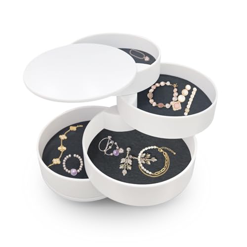 ROEOWENE Schmuckaufbewahrung Rund Drehbar Schmuckkästchen Klein Schmuckkasten Mädchen Damen 4 Ebenen Schmuck Organizer Box Jewelry Schmuckschatulle Schmuckdose für Ringe, Ohrringe, Halskette-weiß von ROEOWENE