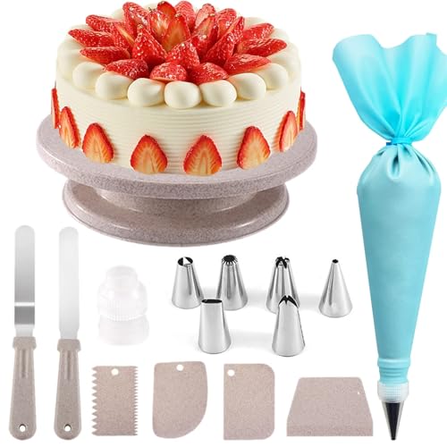 Kuchen-Drehteller, 27,9 cm, drehbar, 15 Stück, drehbar, professionelles Cupcake-Dekorationsset mit Edelstahl-Spritzbeuteln Kuchen-Drehteller, 27,9 cm, drehbar, 15 Stück, drehbar, professionelles Cupcake-Dekorationsset mit Edelstahl-Spritzbeuteln von ROEQE