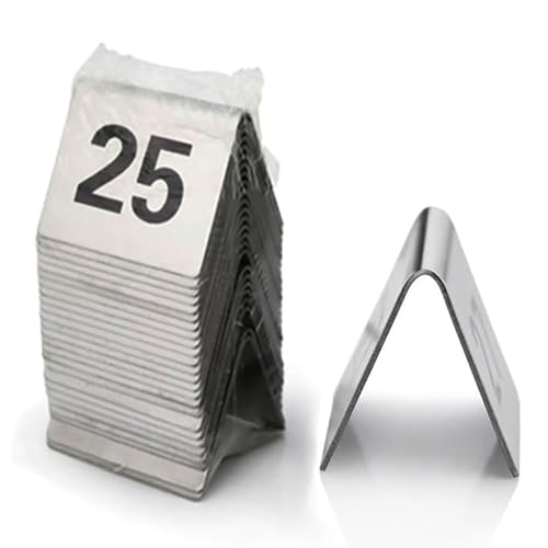 ROFBIHG Tischnummernschilder aus Edelstahl (1–10/25/50/100) für Restaurants, Tischnummernhalter für Tischnummern im Zeltstil für Hochzeiten, Restaurants, Cafés, Partys und Bankette(1-25 (5x4cm)) von ROFBIHG