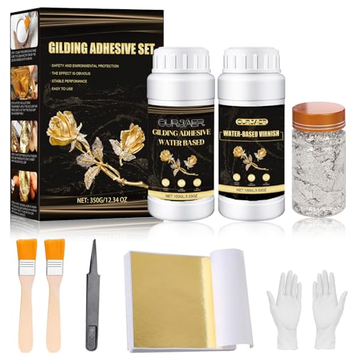 ROFPM Blattgold Kleber, Vergoldungs Kleber, Gold Leaf Adhesive, 100ml Wasserbasierter Metallblatt Kleber und 100ml Lack, Blattgold Blätter 100 Pcs, 2 Bürsten für Metall, Handwerk, Malerei und Kunst von ROFPM