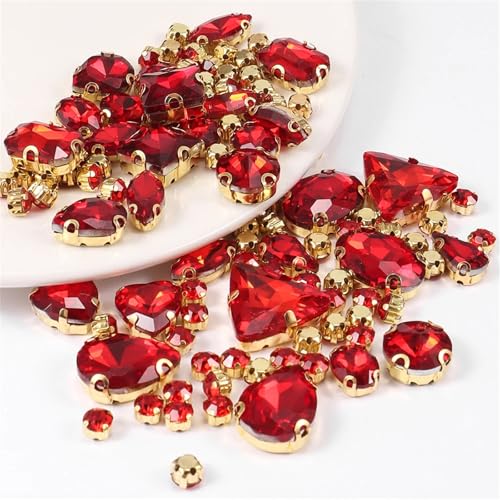 ROJDFCNBW Kristallglas-Klauenstrasssteine, 130 Stück Glas-Strasssteine, gemischte Formen, for Aufnähen, for Abendschuhe, Taschen, DIY, Mehrfarbig, 0,5 bis 1,8 cm(Red) von ROJDFCNBW