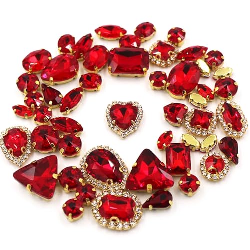 ROJDFCNBW Kristallglas-Klauenstrasssteine, 50 Stück, 24 Farben, gemischte Form, for Aufnähen, Glas-Strasssteine, Goldkristalle for selbstgemachte Hochzeitsdekoration(Red) von ROJDFCNBW