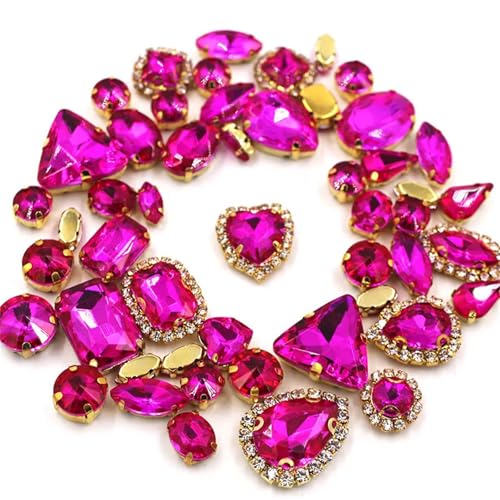 ROJDFCNBW Kristallglas-Klauenstrasssteine, 50 Stück gemischte Formen for Aufnähen von Kristallglas-Strasssteinen, Mehrfarbig(Rose Red) von ROJDFCNBW