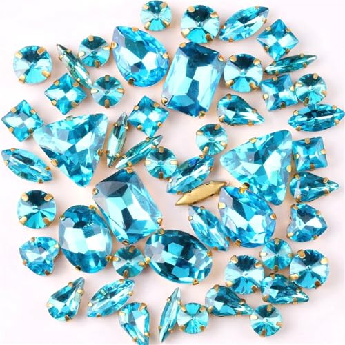 ROJDFCNBW Kristallglas-Klauenstrasssteine, 50 Stück mehrfarbige Strasssteine ​​in gemischten Formen aus Glaskristallen for Aufnähen(A4 Aquamarine) von ROJDFCNBW