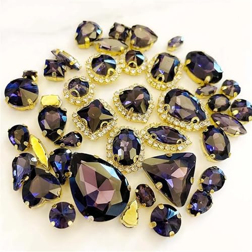 ROJDFCNBW Kristallglas-Klauenstrasssteine, Aufnähbare Kristall-Strasssteine, 58 Stück, Mehrfarbig, goldene Basis, gemischte Formen, mehrere Größen(Deep Purple) von ROJDFCNBW