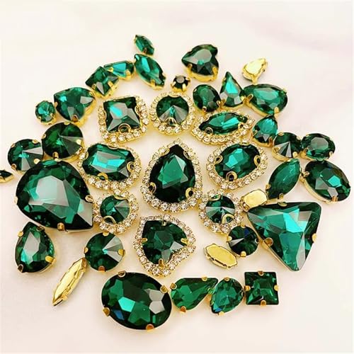 ROJDFCNBW Kristallglas-Klauenstrasssteine, Aufnähbare Kristall-Strasssteine, 58 Stück, Mehrfarbig, goldene Basis, gemischte Formen, mehrere Größen(Malachite En8) von ROJDFCNBW