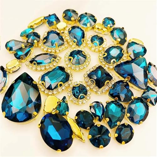 ROJDFCNBW Kristallglas-Klauenstrasssteine, Aufnähbare Kristall-Strasssteine, 58 Stück, Mehrfarbig, goldene Basis, gemischte Formen, mehrere Größen(Peacock Blue) von ROJDFCNBW