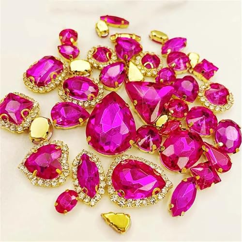 ROJDFCNBW Kristallglas-Klauenstrasssteine, Aufnähbare Kristall-Strasssteine, 58 Stück, Mehrfarbig, goldene Basis, gemischte Formen, mehrere Größen(Rose Red) von ROJDFCNBW