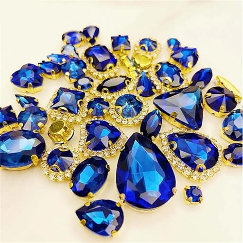 ROJDFCNBW Kristallglas-Klauenstrasssteine, Aufnähbare Kristall-Strasssteine, 58 Stück, Mehrfarbig, goldene Basis, gemischte Formen, mehrere Größen(Royal Blue) von ROJDFCNBW