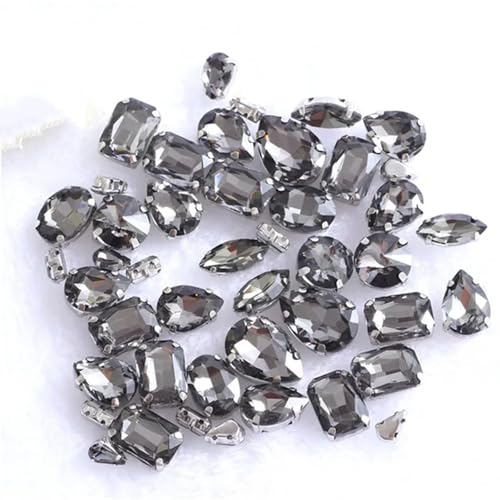 ROJDFCNBW Kristallglas-Klauenstrasssteine, Packung mit 50 gemischten Formen, mehrfarbigen Glas-Strasssteinen for Aufnähen mit silbernen Nähten(Grey) von ROJDFCNBW