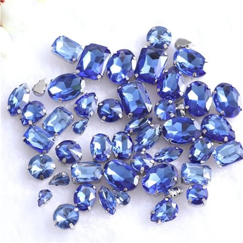 ROJDFCNBW Kristallglas-Klauenstrasssteine, Packung mit 50 gemischten Formen, mehrfarbigen Glas-Strasssteinen for Aufnähen mit silbernen Nähten(Lt.Sapphire) von ROJDFCNBW