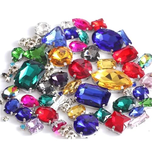ROJDFCNBW Kristallglas-Klauenstrasssteine, Packung mit 50 gemischten Formen, mehrfarbigen Glas-Strasssteinen for Aufnähen mit silbernen Nähten(Mixe Color and Shape) von ROJDFCNBW