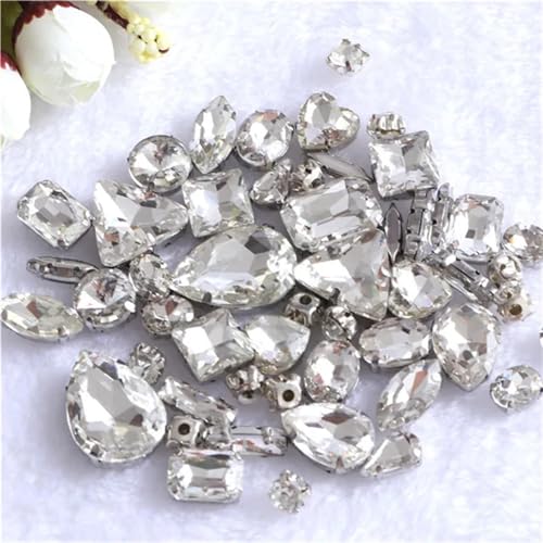 ROJDFCNBW Kristallglas-Klauenstrasssteine, Packung mit 50 gemischten Formen, mehrfarbigen Glas-Strasssteinen for Aufnähen mit silbernen Nähten(White Crystal) von ROJDFCNBW