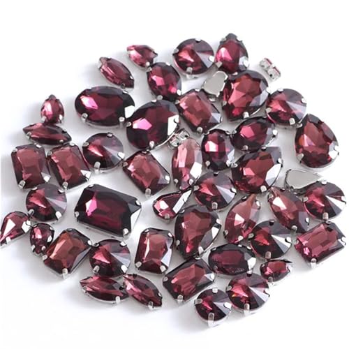 ROJDFCNBW Kristallglas-Klauenstrasssteine, Packung mit 50 gemischten Formen, mehrfarbigen Glas-Strasssteinen for Aufnähen mit silbernen Nähten(Wine Red) von ROJDFCNBW