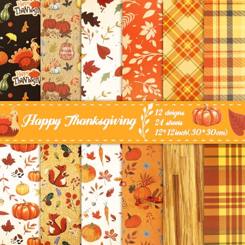 24 Blatt Herbst-Scrapbook-Papier, 30,5 x 30,5 cm, doppelseitiges Thanksgiving-Muster, Papier mit Kürbis-Ahornblättern für Herbsternte, Kartenherstellung, Scrapbooking-Zubehör von ROLYTA