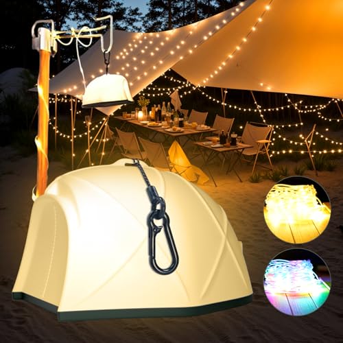 ROMANJOY 15 Meter Camping Lichterkette, Aufrollbar, Tragbar und wiederaufladbar, Dualmodus (RGB+warmweiß), 3 in 1 (Lichterkette+Lampe+Stablampe), 4000mAh Akku als Ladegerät, leicht zu lagern, Zeltform von ROMANJOY