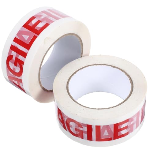 ROMISBABA 2 Rollen Fragile Verpackungsband Weiß rot mit Deutlichem Englischem Warnhinweis für Zerbrechliche Pakete Selbstklebendes Packband für Versand Umzug und Sichere Kartonversiegelung von ROMISBABA