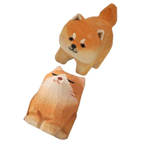 ROMISBABA 2 Stück Handgeschnitzte Holzfigur Katze Hund Deko Kleine Holzskulpturen für Schreibtisch und Wohnzimmer Handgefertigte Tierornamente als Geschenk für Katzenliebhaber von ROMISBABA