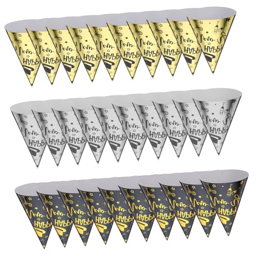 ROMISBABA 30 Stück Teiliges Happy Year Partyhüte Papier Kegelhüte in Schwarz Gold und Silber Leichte Neujahrsfeier Dekorationen für Erwachsene Bequemer Sitz Festliche Silvester Accessoires von ROMISBABA