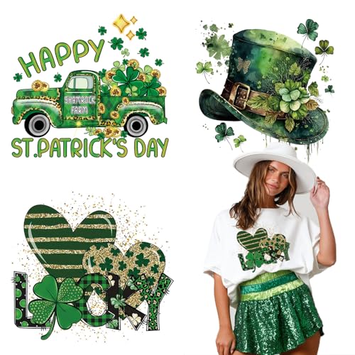 St. Patrick's Day Bügelbilder, Glückskleeblatt, zum Aufbügeln, grünes Kleeblatt, Herz-Hut, Muster, Wärmetransfer, Vinyl-Aufkleber, Luck of the Irish Kleidung, Flicken für Hoodie, Bastelbedarf St. Patrick's Day Bügelbilder, Glückskleeblatt, zum Aufbügeln, grünes Kleeblatt, Herz-Hut, Muster, Wärmetransfer, Vinyl-Aufkleber, Luck of the Irish Kleidung, Flicken für Hoodie, Bastelbedarf von ROMODIYA