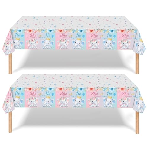 2 Stück "She or He Elefant" Party-Tischdecke für Babyparty, 137 x 274 cm, Geschlecht offenbart, Party-Tischdecke, Baby-Elefanten-Mottoparty-Dekoration, Tischdecken für Babyparty, Geburt, von RONGZUBAT