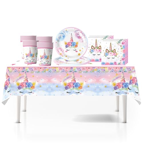 Einhorn-Geburtstagsdekorationsset – Kinder-Partygeschirr mit Tischdecke, Pappteller, Servietten, Tassen für Tischdekoration, 41-teilig Einhorn-Geburtstagsdekorationsset – Kinder-Partygeschirr mit Tischdecke, Pappteller, Servietten, Tassen für Tischdekoration, 41-teilig von RONGZUBAT