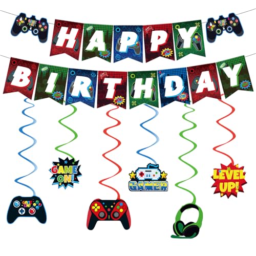 Gamepad-Geburtstagsdekorationen – Wimpelkette, hängende Wirbel und Happy Birthday-Banner für Kinder-Party-Dekoration, 14 Stück von RONGZUBAT