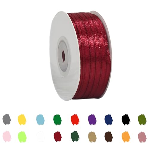 Weinrot-Band 3 mm für Geschenkverpackungen 91 m, Weinrot-Satinband 3 mm dickes Stoffband für Bastelarbeiten, Kuchenband, Haarschleifenband, Polyesterband für Weihnachtsdekoration, Hochzeit von RONGZUBAT
