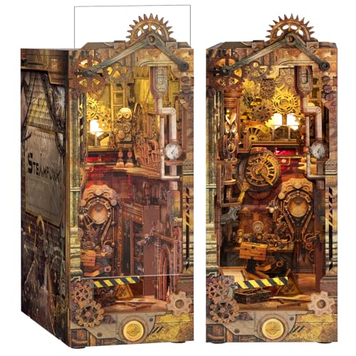 RONSTONE Book Nook – DIY Miniatur Puppenhaus Buchecke Kit mit Staubschutz – Buchstütze Bücherregal Einsatz Dekor mit LED-Licht – STEAMPUNK 3D Holzpuzzles Geschenk für Erwachsene von RONSTONE