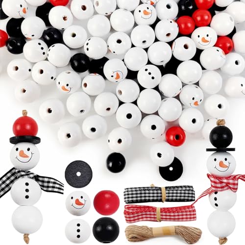 RONYOUNG 200 Stück Weihnachts-Schneemann-Holzperlen, Winter-Holzperlen, Weihnachtsbüffelkaro, runde Druckperlen mit DIY-Faden, Schal zum Basteln von RONYOUNG