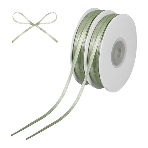 2 Rollen Grün Satinband, 91m X 3mm Geschenkband, Schleifenband, Eukalyptus Deko Band, für Hochzeit, Geburtstag, Taufe, Weihnachten Geschenkverpackungen und Basteldekoration von ROOMHUAWAY