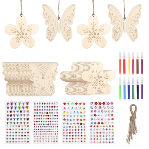 40 Holzanhänger zum Bemalen + 4 Edelsteinaufkleber + 12 Aquarellstift, Blume und Schmetterling Deko Geburtstag, Bastelset Kinder ab 4 5 6 7 8 9 Jahre für Basteln & Diy, Holzblumen 40 Holzanhänger zum Bemalen + 4 Edelsteinaufkleber + 12 Aquarellstift, Blume und Schmetterling Deko Geburtstag, Bastelset Kinder ab 4 5 6 7 8 9 Jahre für Basteln & Diy, Holzblumen von ROOMHUAWAY