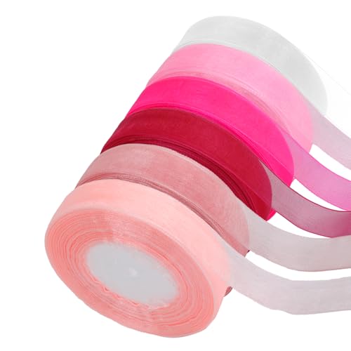 6 Rollen 45m X 2cm Geschenkband, Organzaband Der Serie Rosa, Schleifenband Rosa, Geschenkband Hochzeit, Chiffonband, Dekoband für Handgemachtes DIY und Weihnachtendeko von ROOMHUAWAY