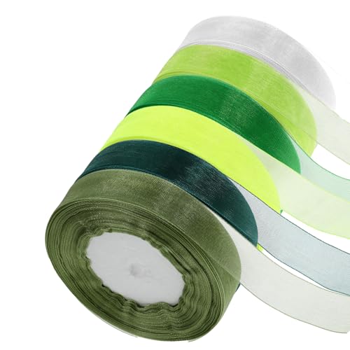 6 Rollen Organzaband Der Serie Grün, 45m X 2cm Geschenkband, Schleifenband Grün, Geschenkband Hochzeit, Chiffonband, Dekoband für Handgemachtes DIY und Weihnachtendeko von ROOMHUAWAY
