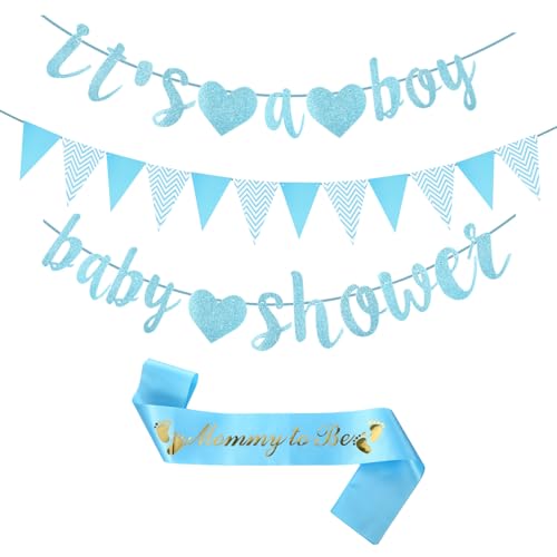 Babyparty Dekorationen Junge, Blau Baby Shower Banner, It's A Boy Banner Wimpel Blau Wimpel Mummy to be Schärpe, für Geschlecht Enthüllung Dekoration Party Girlande Foto Requisiten von ROOMHUAWAY