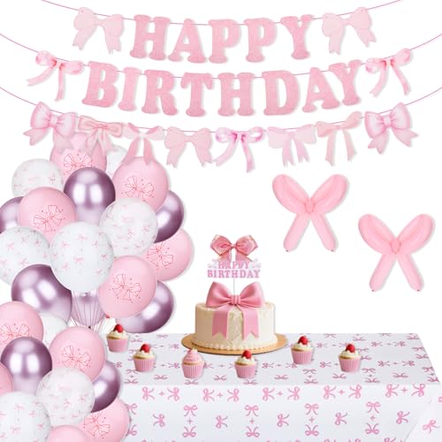 Rosa Schleife Geburtstag Deko Set mit Happy Birthday Banner, Latex Rosa Luftballons, Schleife Tischdecke, Geburtstag Kuchen Toppers Party Dekorationen für Frauen Mädchen Rosa Schleife Geburtstag Deko Set mit Happy Birthday Banner, Latex Rosa Luftballons, Schleife Tischdecke, Geburtstag Kuchen Toppers Party Dekorationen für Frauen Mädchen von ROOMHUAWAY