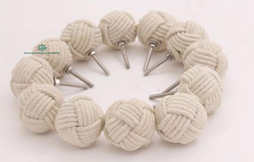 RII 12 Seil-Türknäufe, nautisch, gedreht, dekorativ, Baumwolle, rustikaler Seilknoten, Schubladengriffe, Möbelgriffe/Knäufe, Schränke, Schubladen, 4,4 cm, gebrochenes Weiß von ROORKEE INSTRUMENTS (INDIA) A NAUTICAL REPRODUCTION HOUSE