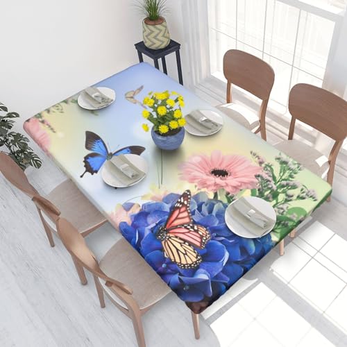 ROOZEE Blaue Tischdecke mit Schmetterling und Blumen, bedruckt, rechteckig, mit elastischen Kanten, 122 cm, Polyester, wasserdicht, für Esszimmer, Küche, Picknick von ROOZEE