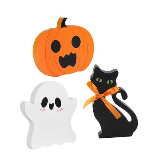 RORPOIR 3 Stück Teiliges Halloween Holzdekoration mit Kürbis Geist und Schwarzer Katze Kompakte Tisch Regal-deko für Drinnen Langlebige Vielseitige Holzfiguren für Halloween-party und von RORPOIR