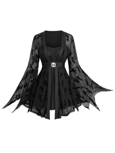 Rosegal Halloween-Kostüm für Damen, Übergröße, Gothic-Top, Totenkopf-Netzstoff, Schnürung, Glockenärmel, kalte Schulterpartie, Schwarz, 4X von ROSE GAL