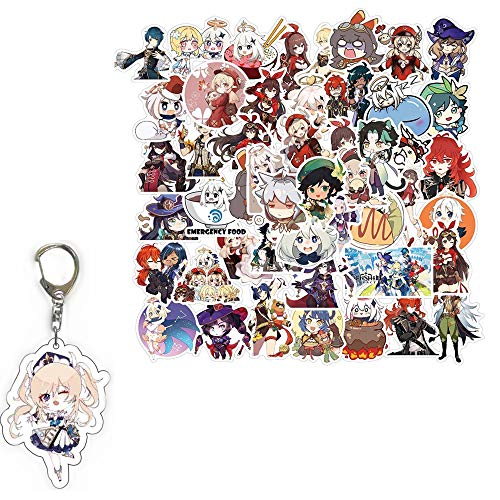Genshin Schlagaufkleber (50 Stück mit Fischl Schlüsselanhänger) Anime Spiele Merch Party Geschenke Schlüsselanhänger Genshin Impact Auto Laptop Graffiti Aufkleber für Teenager Mädchen von ROSETOR