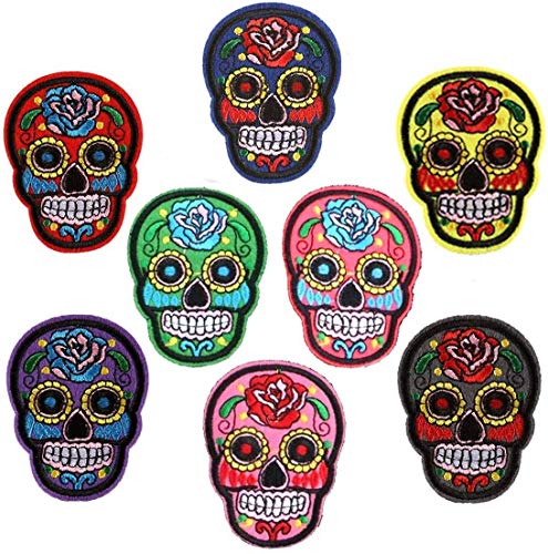 Set mit 8 bunten gemischten Totenkopf-Kleidungs-Patch-Set, mexikanischer Zuckerschädel, bestickte Aufnäher zum Aufbügeln für Jeans, Taschen, Jacken, Kunst und Handwerk von ROSETOR