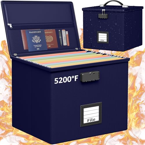 Feuerfeste Aktenbox für Dokumente, tragbar, feuerfest, Dokumenten-Organizer mit Griff, wasserdicht, sicher verschließbar, Ordner, Aufbewahrung mit Deckel, Marineblau Feuerfeste Aktenbox für Dokumente, tragbar, feuerfest, Dokumenten-Organizer mit Griff, wasserdicht, sicher verschließbar, Ordner, Aufbewahrung mit Deckel, Marineblau von ROSONG
