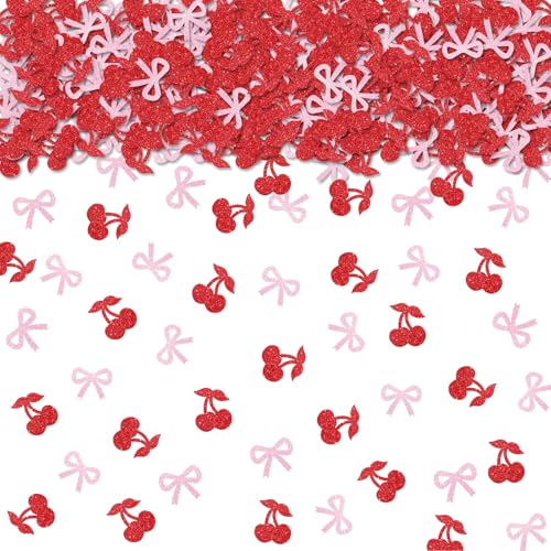 Tischkonfetti, rosa Schleife und Kirsche, rote Glitzer, süße Kirsche, Tischkonfetti, Kirsche auf der Oberseite, Papierausschnitte für Babyparty/Hochzeitsfeier, Tischdekoration, 100 Stück Tischkonfetti, rosa Schleife und Kirsche, rote Glitzer, süße Kirsche, Tischkonfetti, Kirsche auf der Oberseite, Papierausschnitte für Babyparty/Hochzeitsfeier, Tischdekoration, 100 Stück von ROSTYAKZ