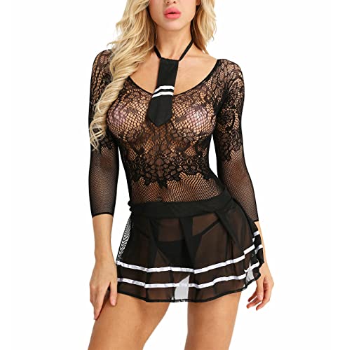 ROSVAY Lingerie Kleid Cosplay Schulmädchen Sexy Uniform Kostüm Studentin aus transparenter Spitze, Schoolgirl Outfit Damen Sailor Kostüm Freches Babydoll Mini Kleid Netzstoff Elastisch Schwarz ROSVAY Lingerie Kleid Cosplay Schulmädchen Sexy Uniform Kostüm Studentin aus transparenter Spitze, Schoolgirl Outfit Damen Sailor Kostüm Freches Babydoll Mini Kleid Netzstoff Elastisch Schwarz von ROSVAY