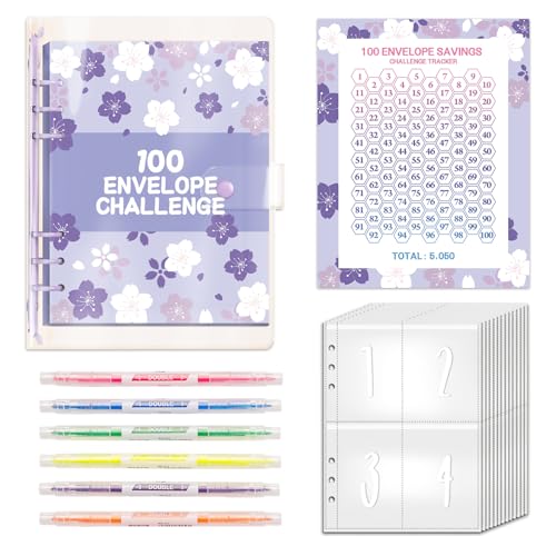 ROSYLEVE 100 Envelope Saving Challenge mit 6pcsTextmarkermit mit zwei Spitzen,Budget Planner A5 Ringbuch mit Challenge Tracker, die Challenge zu meistern und in 100 Tagen 5.050 $ zu sparen Lila von ROSYLEVE