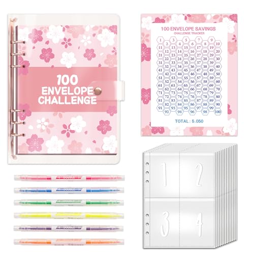 ROSYLEVE 100 Envelope Saving Challenge mit 6pcsTextmarkermit mit zwei Spitzen,Budgetplaner und Sparmappe für Geld, A5 Ringbuch die Challenge zu meistern und in 100 Tagen 5.050 $ zu sparen Rosa von ROSYLEVE
