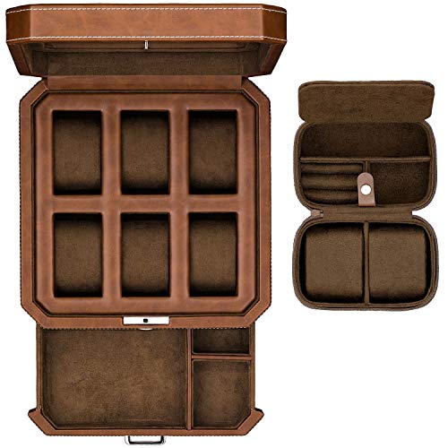 Leder-Geschenkset mit 6 Fächern und Schublade für Herren, Luxus-Uhrengehäuse, Display-Organizer, Mikro-Wildlederfutter, abschließbare Schmuckschatulle, Aufbewahrungsboxen, großes Glas, Hellbraun/Braun von ROTHWELL