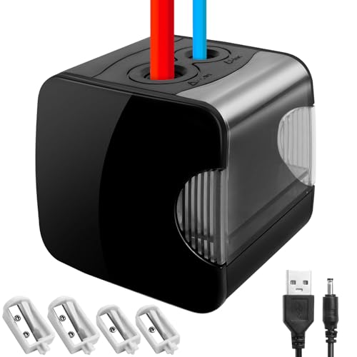 Elektrischer Anspitzer mit Behälter USB 2 Größen 6-12mm, Pencil Sharpener Batterie mit 4 Klingen, Automatischer Bleistiftanspitzer mit Zwei Löchern, Bleistiftspitzer Elektrisch Kinder von ROTKUSZ